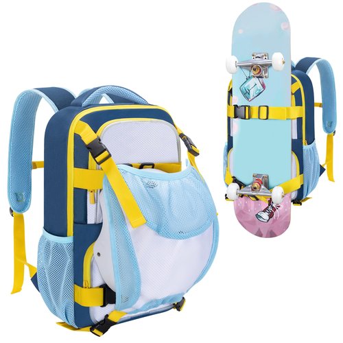 GOBUROS Skateboard Backpack with Adjustable Board Straps and Detachable Helmet Holder, Small Skateboard Bag with Multiple Storage Pockets for Sports, Blue