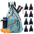 ZOEA Pickleball Sling Bag, Adjustable Pickleball Backpack with Fence Hook Water Bottle Holder, Fits 4 Paddles and All Your Other Gear (Flower Blue)