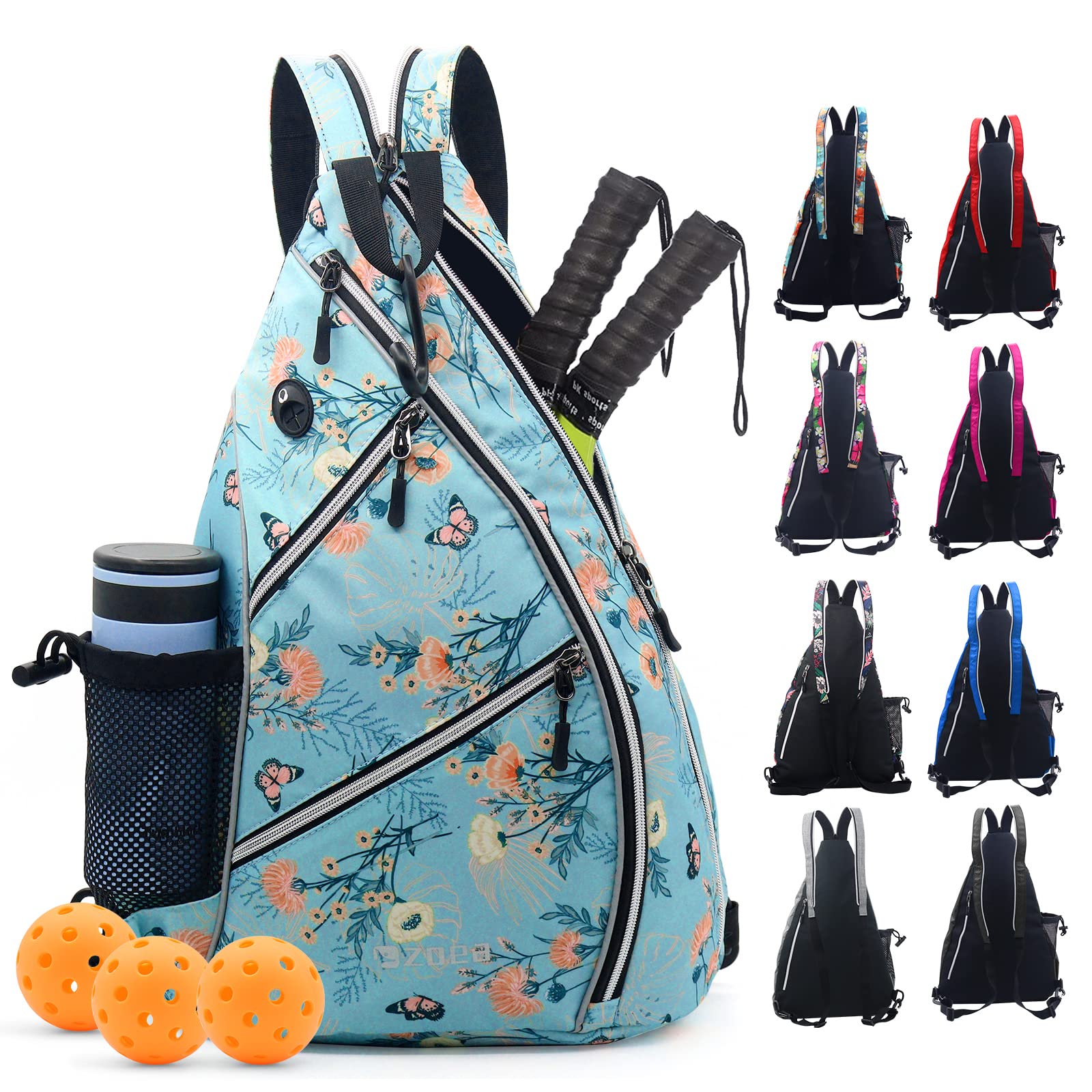 ZOEA Pickleball Sling Bag, Adjustable Pickleball Backpack with Fence Hook Water Bottle Holder, Fits 4 Paddles and All Your Other Gear (Flower Blue)