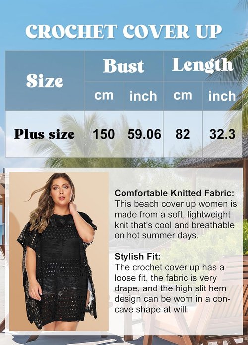 Chalier Women's Crochet Swimsuit Cover-Up - Plus Size Hollow Out Bikini Dress for Beach Wear