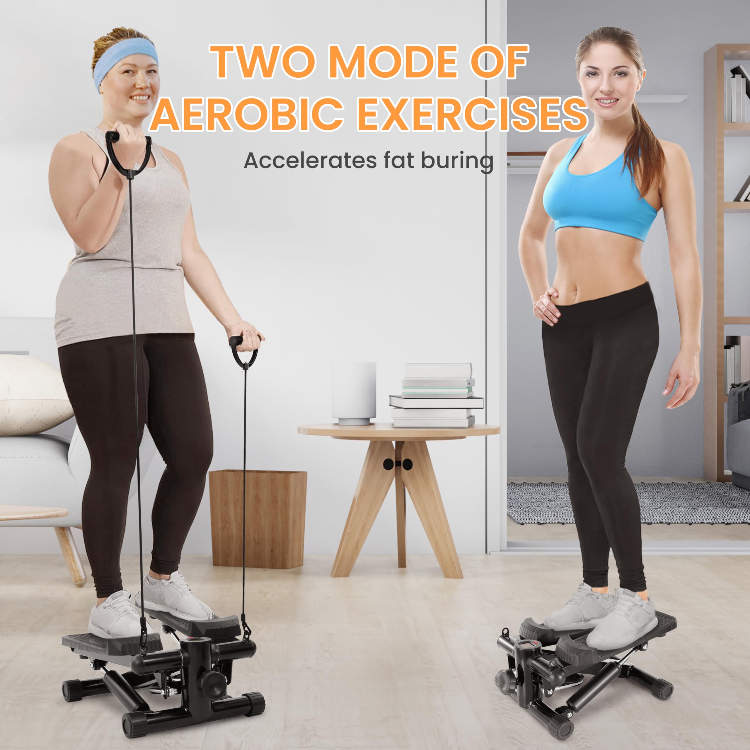 Signature Fitness Pre-Assembled Adjustable Mini Stepper Stair Machine with Resistance Bands, Midnight Black
