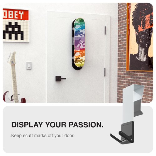 Parking Block Hang Tight Skateboard Deck Wall Mount - Ultimate Storage Solution for Skate Board & Longboard - Fits Most Doors - Includes Roll-Up Storage Bag for Hardware & Accessories for Display