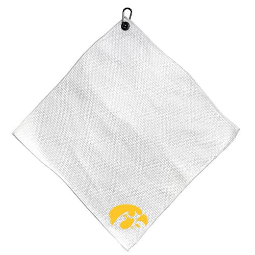 Team Golf NCAA Iowa Microfiber Towel - 15" X 15" (White) with Carabiner Clip, Premium Microfiber with Deep Waffle Pockets - Superior Water Absorption and Quick Dry Golf Cleaning Towel