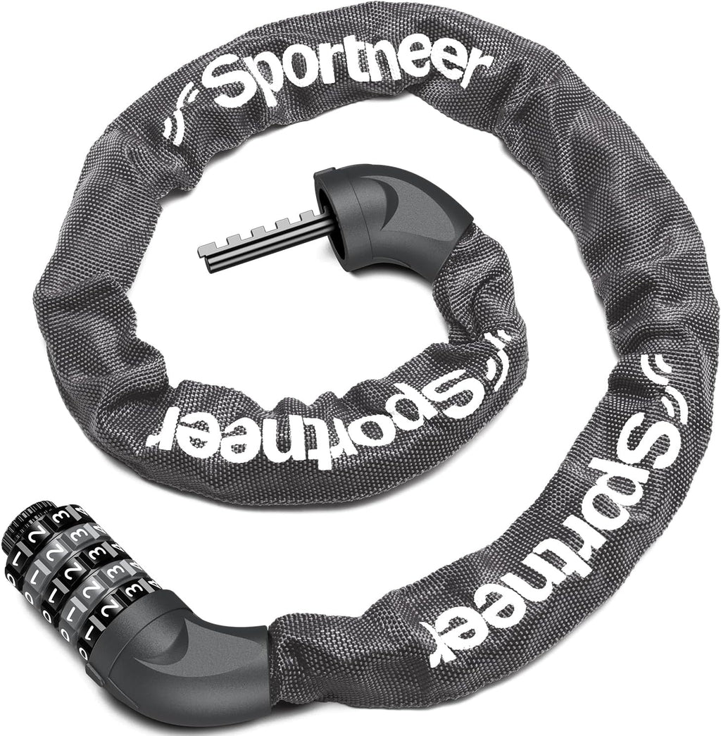 Sportneer Bike Lock - High Security 5-Digit Combination Chain Lock | 3.2/3.6/4ft Heavy Duty Keyless Design for Bikes, Motorcycles, Scooters, and Gates - 4/6mm Thick, Easy to Use