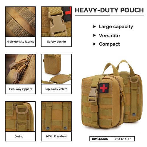 IFAK Trauma First Aid Kit Molle Pouches Emergency Survival Kit for Tactical Military Car Travel Hiking Camping with Vented Chest Seal, Israeli Bandage, Splint, Thermal Blanket, Gloves