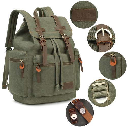 Bluboon Canvas Vintage Backpack Leather Casual Bookbag Men Rucksack (Green)