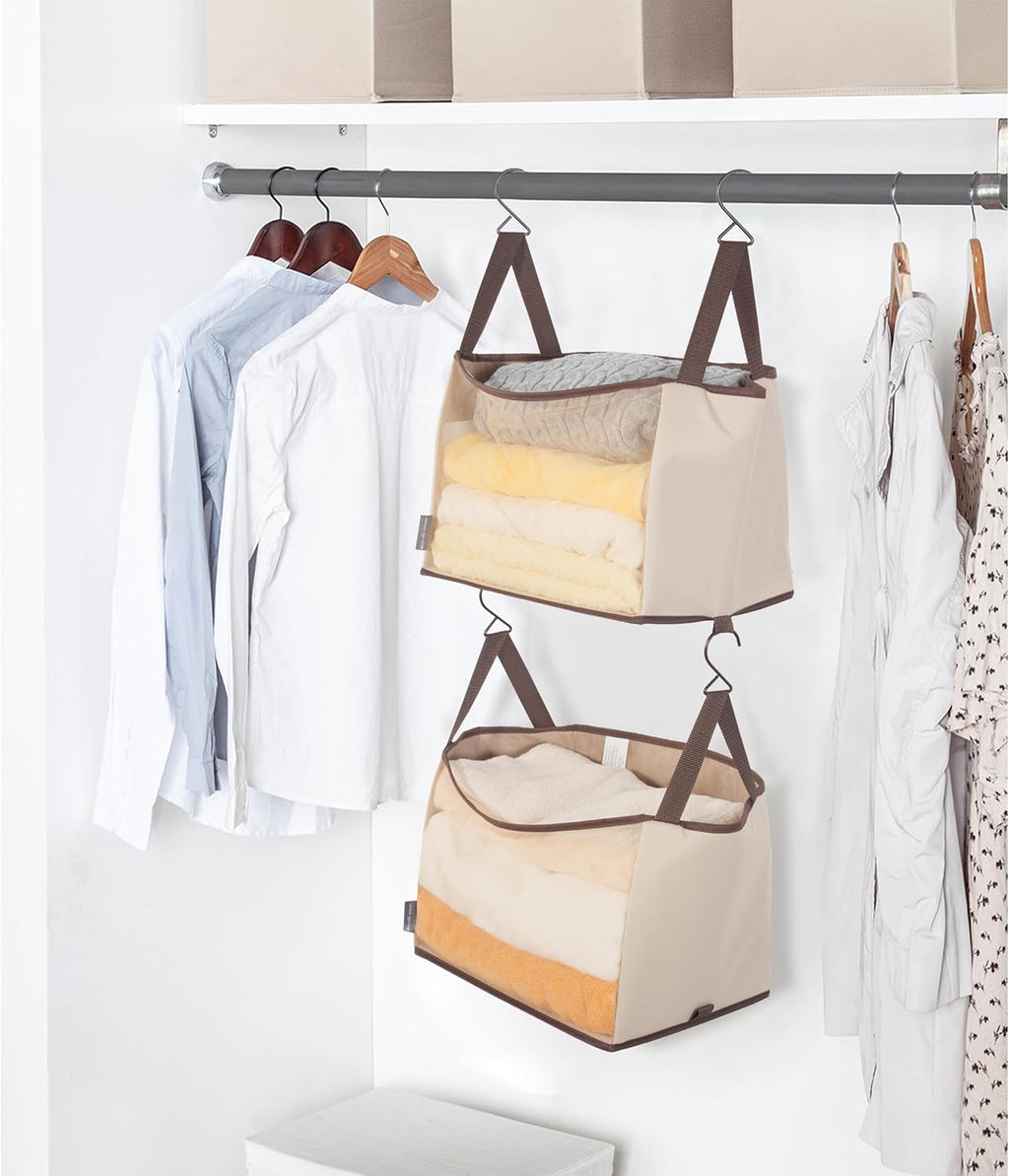 Storage Maniac 2-Shelf Hanging Closet Organizer - Beige Canvas Shelf with Hooks for Dorm & Bedroom