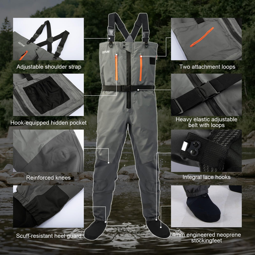 Goture 5-Layer Waterproof Zip Front Stocking Foot Waders, Breathable Fly Fishing Waders for Men Women with Handwarmer, Multiple Storage Pockets, Waist Belt, Fishing Chest Wader for Fishing XXL