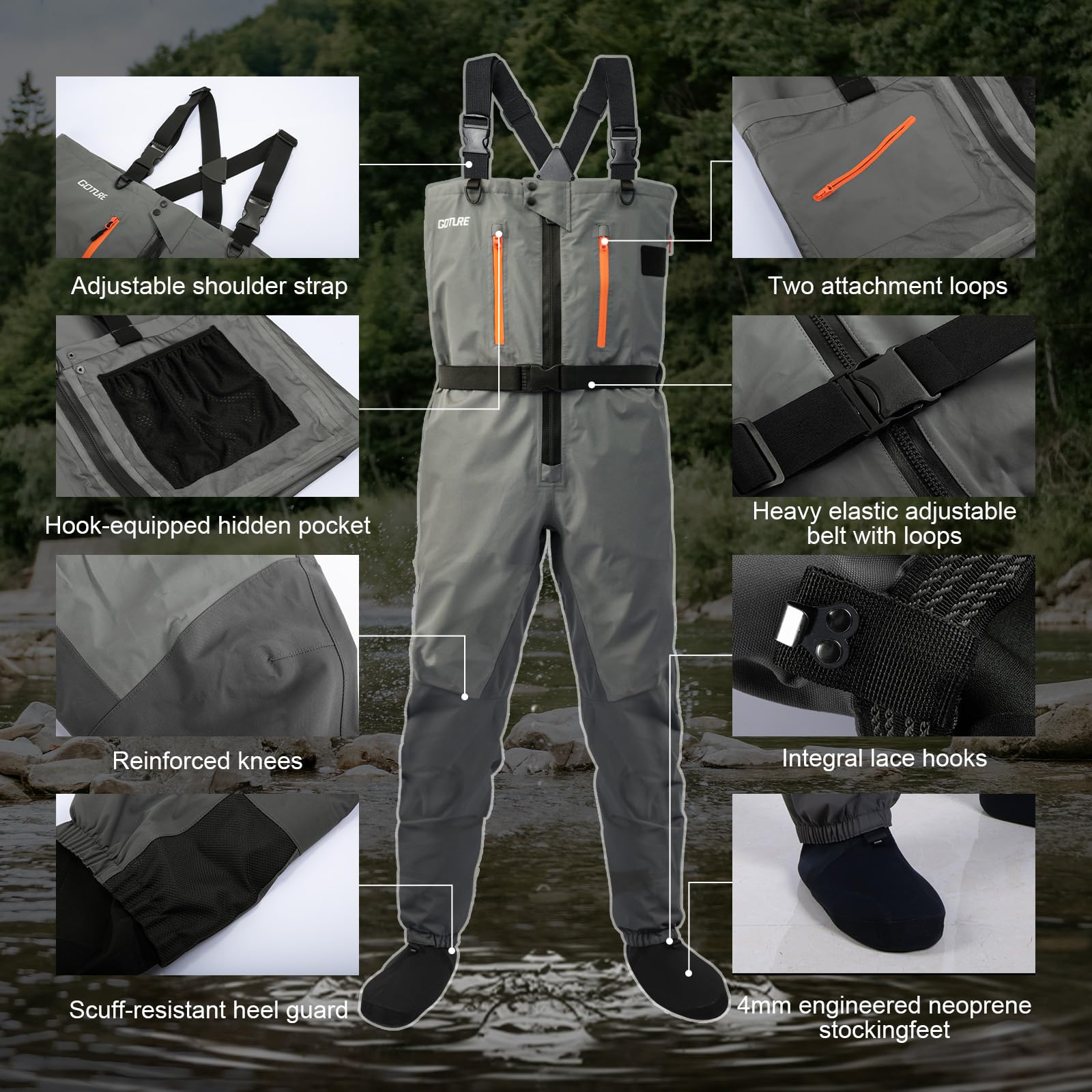 Goture 5-Layer Waterproof Zip Front Stocking Foot Waders, Breathable Fly Fishing Waders for Men Women with Handwarmer, Multiple Storage Pockets, Waist Belt, Fishing Chest Wader for Fishing XXL