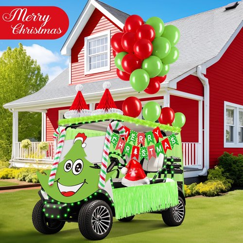 Soulchen 73 Pcs Green Christmas Golf Cart Decorations Elf Xmas Themed Decor Kit Red Green Balloons Foil Tinsel Elf Backdrops Curtain Light String for Christmas Golf Cart Party Supplies Decor
