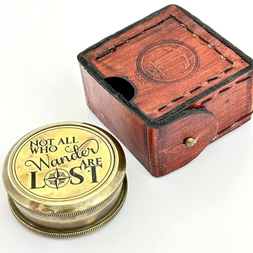 Not All WHO Wander are Lost Engraved Compass - Brass Gift Compass - Gift for Men - 2024 Graduation Day Gift - Birthday, Vintage Brass Pocket Compass with Leather Box