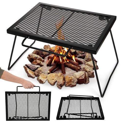 Elsjoy 17" Folding Campfire Grill Grate with Carrying Handle, Portable Camping Grill Over Fire Mesh Grate, Heavy Duty Steel Grate for Outdoor Cooking, Picnic, BBQ