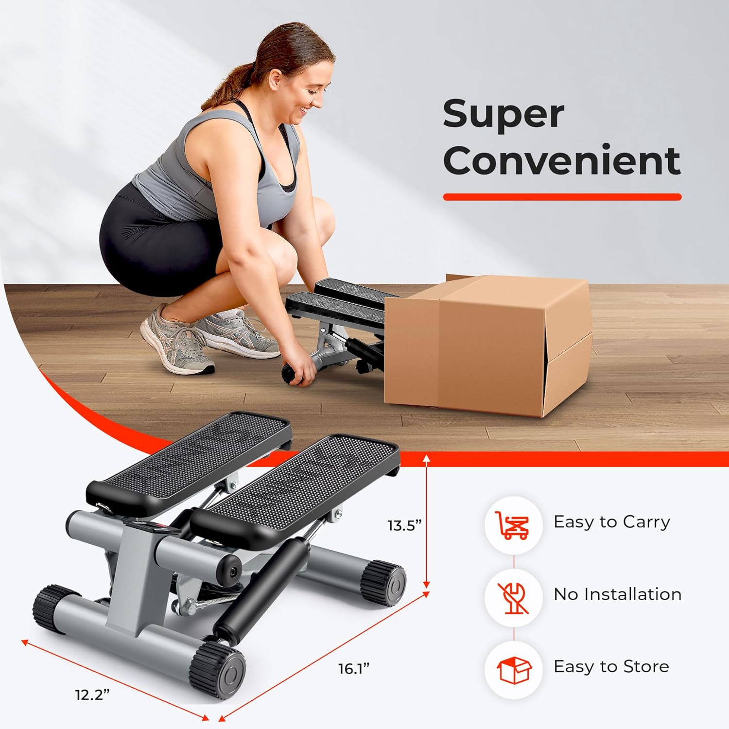 Sunny Health & Fitness Mini Stepper - Full Body Cardio Workout Machine with Resistance Bands & App Connection