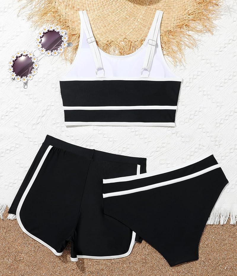 Girls 3-Piece Bathing Suit Set with Shorts & Daisy Sunglasses - Black, 12-13 Years (Magwei)