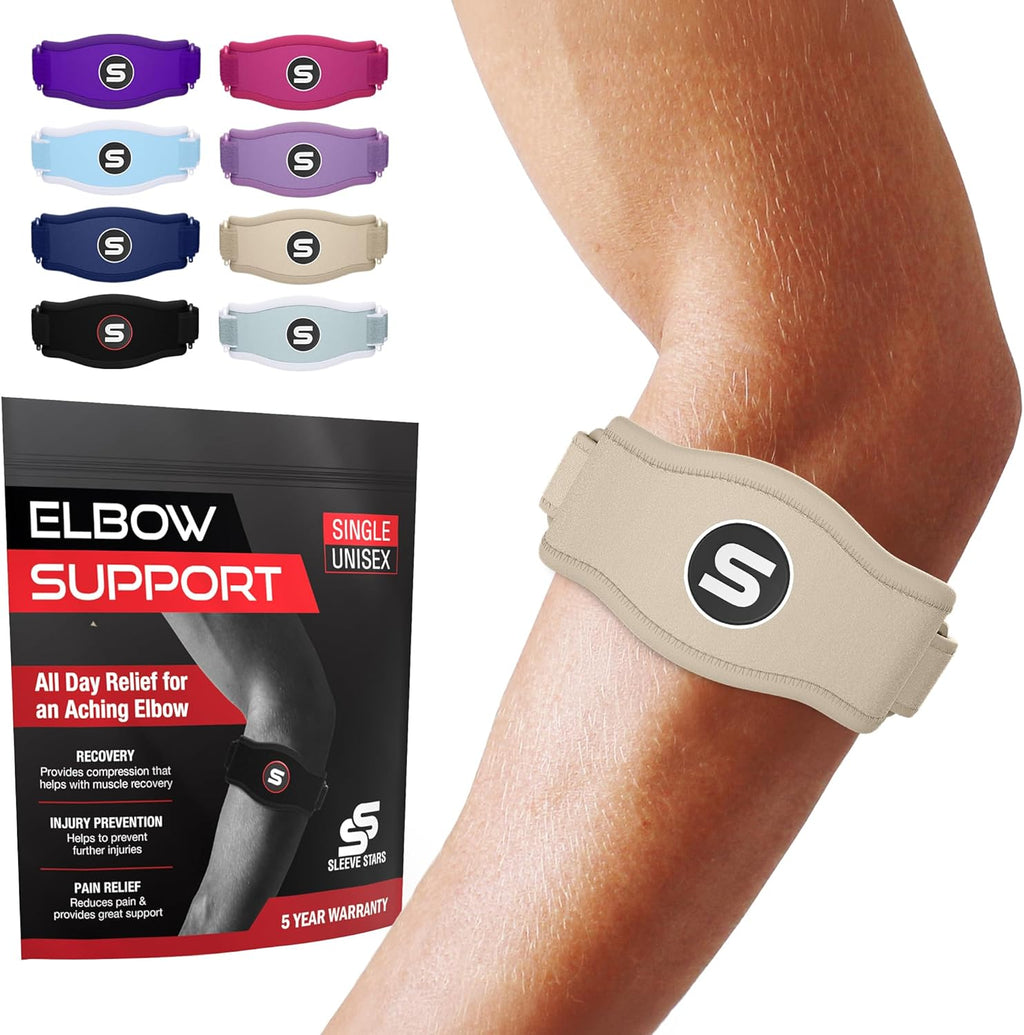 Sleeve Stars Tennis Elbow Brace - Adjustable Support for Tendonitis Relief | Fits 9"-23" (Beige)