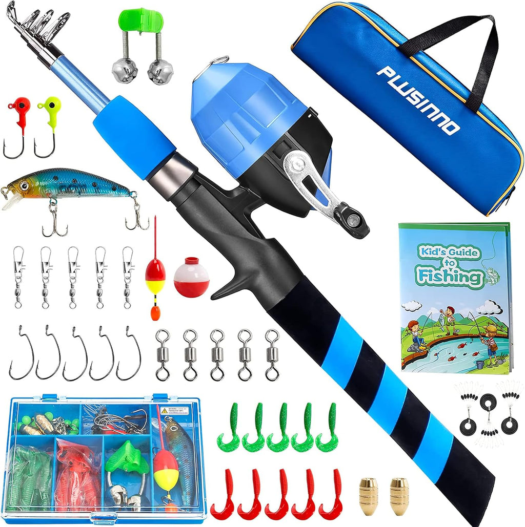 PLUSINNO Kids Fishing Pole - Portable Telescopic Rod & Reel Combo Kit with Tackle Box for Youth