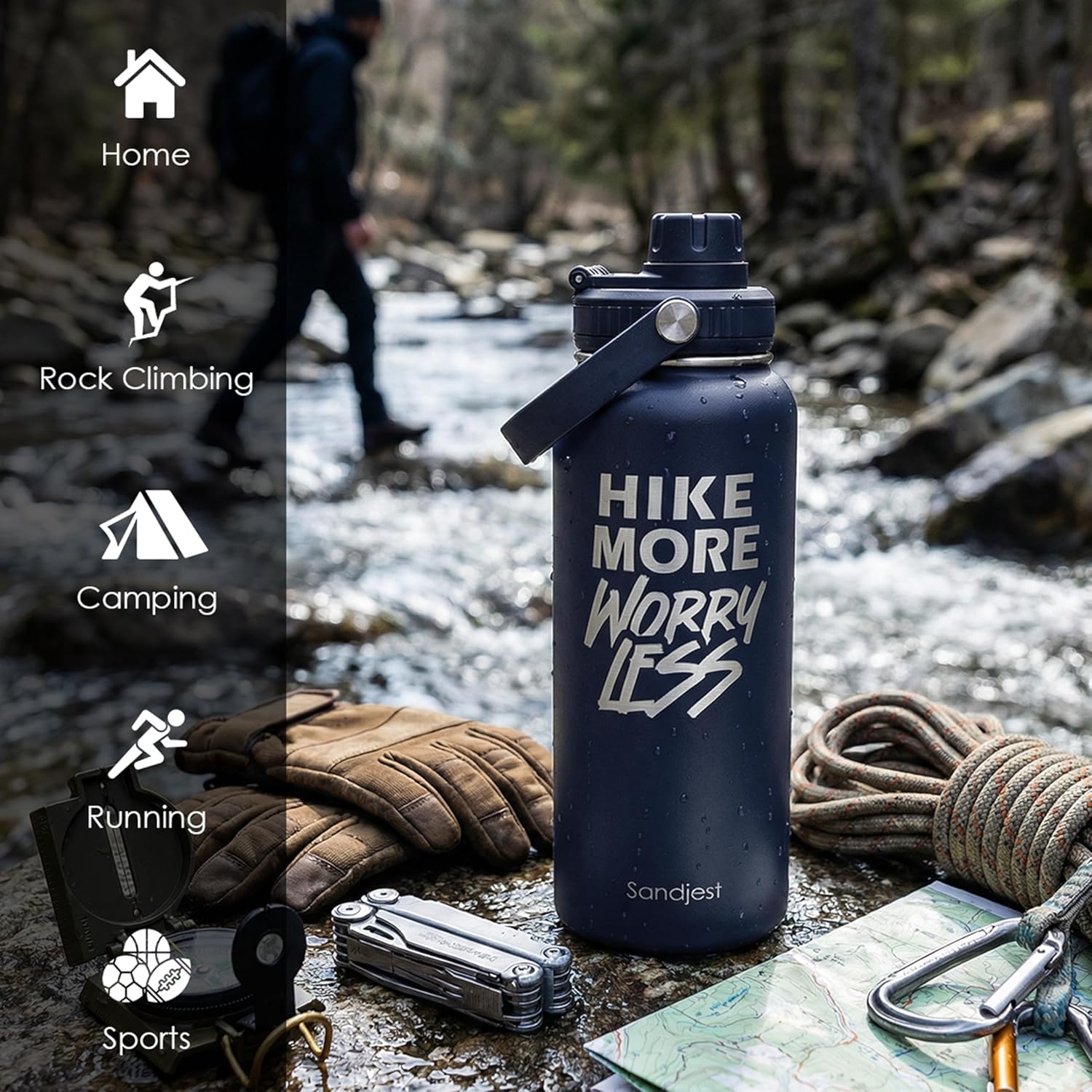 SANDJEST Insulated Stainless Steel Water Bottle - 32oz Vacuum Chug Lid for Hiking | Perfect Gift for Adventurers