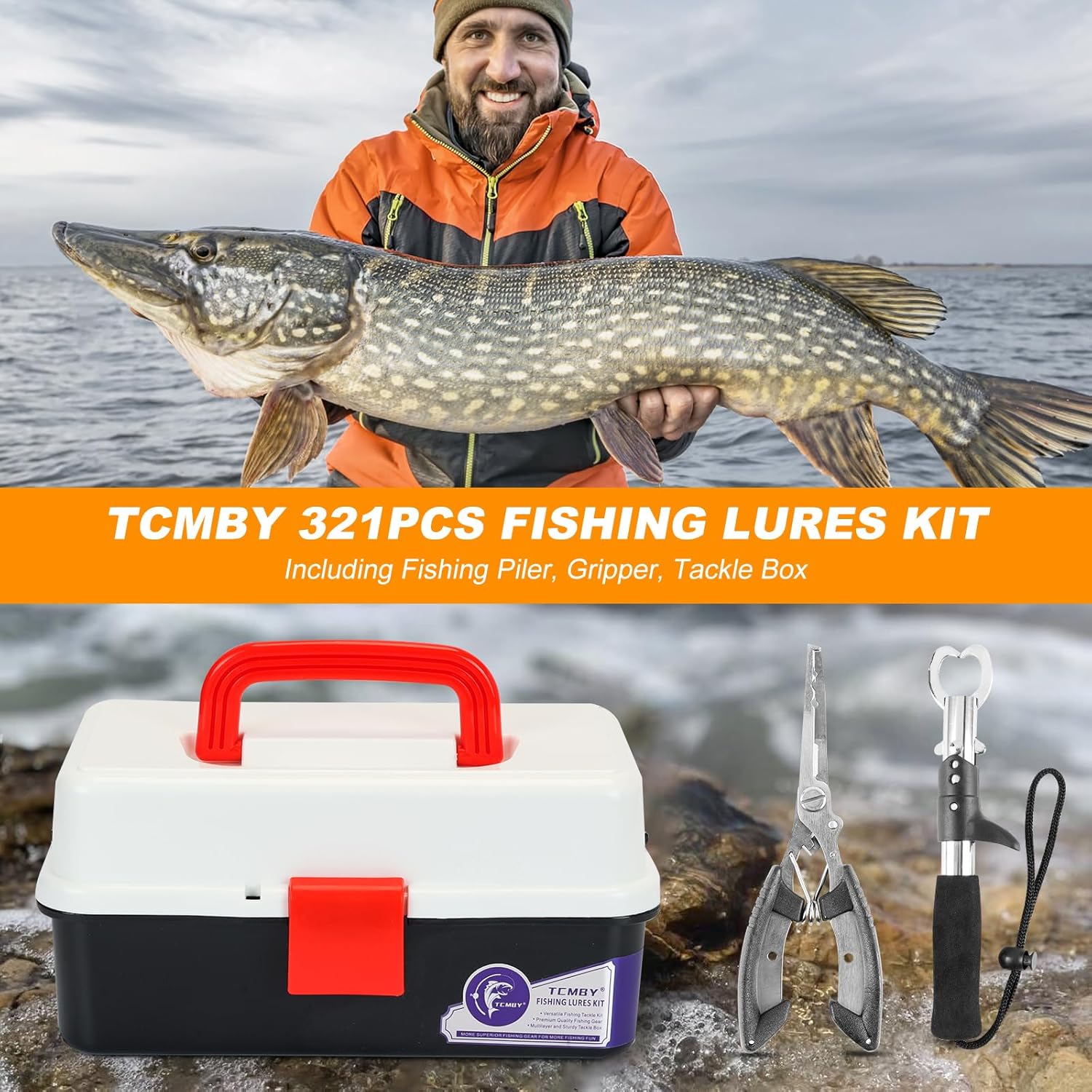 TCMBY Tackle Box - 3 Layers with 321Pcs Fishing Lures Kit, Pliers, Hooks & Accessories - Ideal Gift for Men
