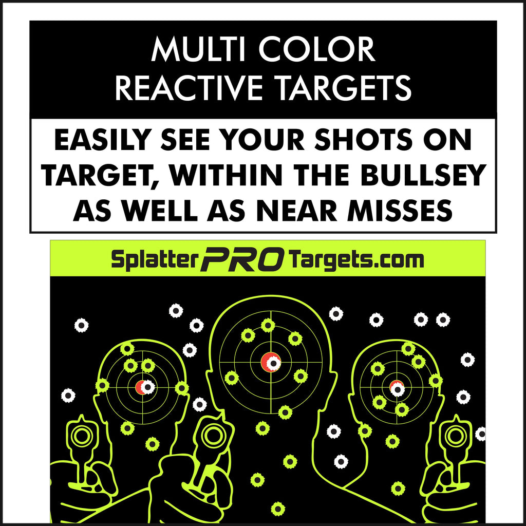 12x18 Splatter Targets. Fully Reactive Targets. See Your Hits and Your Misses! Shots Burst with a Bright Splatter Upon Impact. Instantly See Your Shots. Printed on a Heavy Duty Card Stock.
