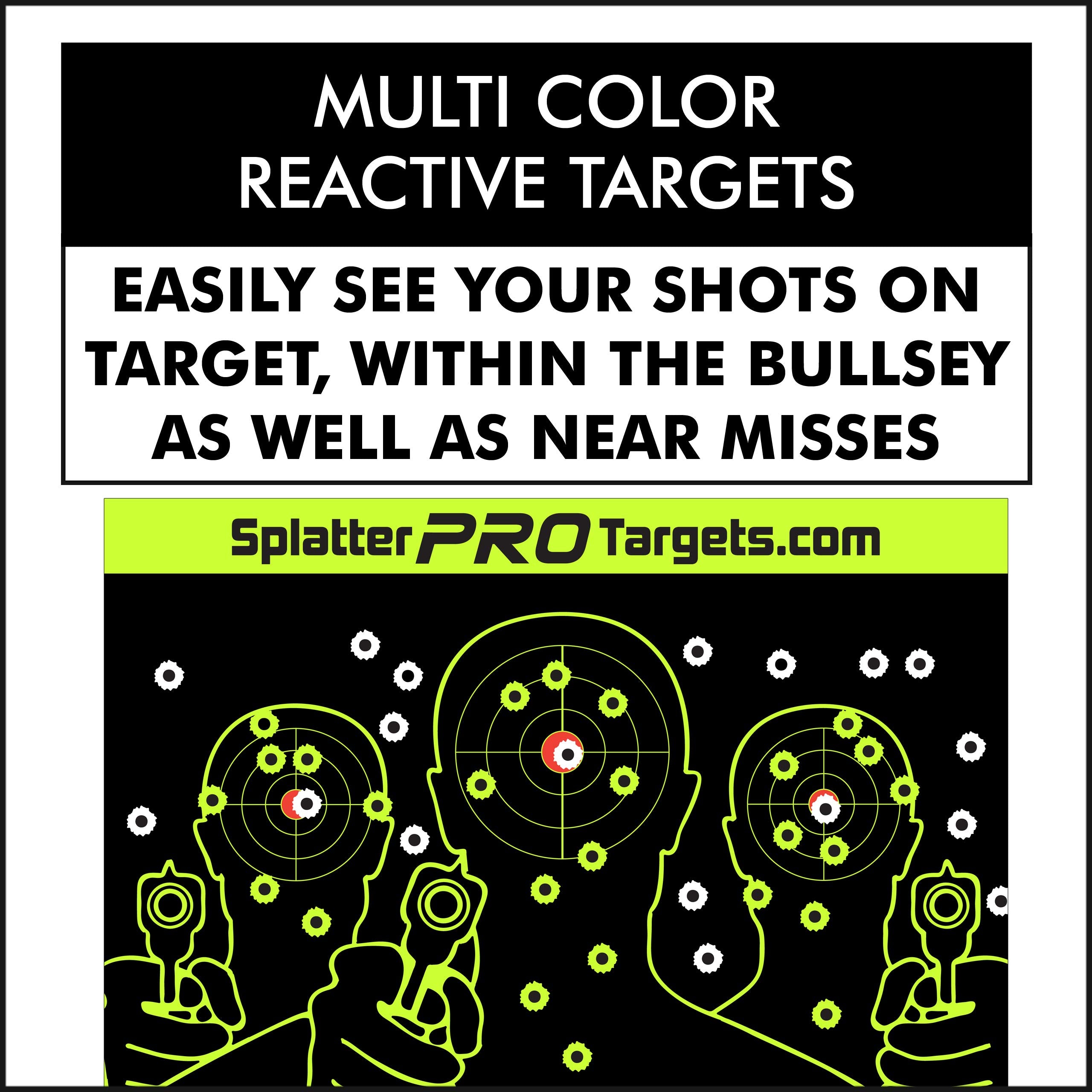 12x18 Splatter Targets. Fully Reactive Targets. See Your Hits and Your Misses! Shots Burst with a Bright Splatter Upon Impact. Instantly See Your Shots. Printed on a Heavy Duty Card Stock.