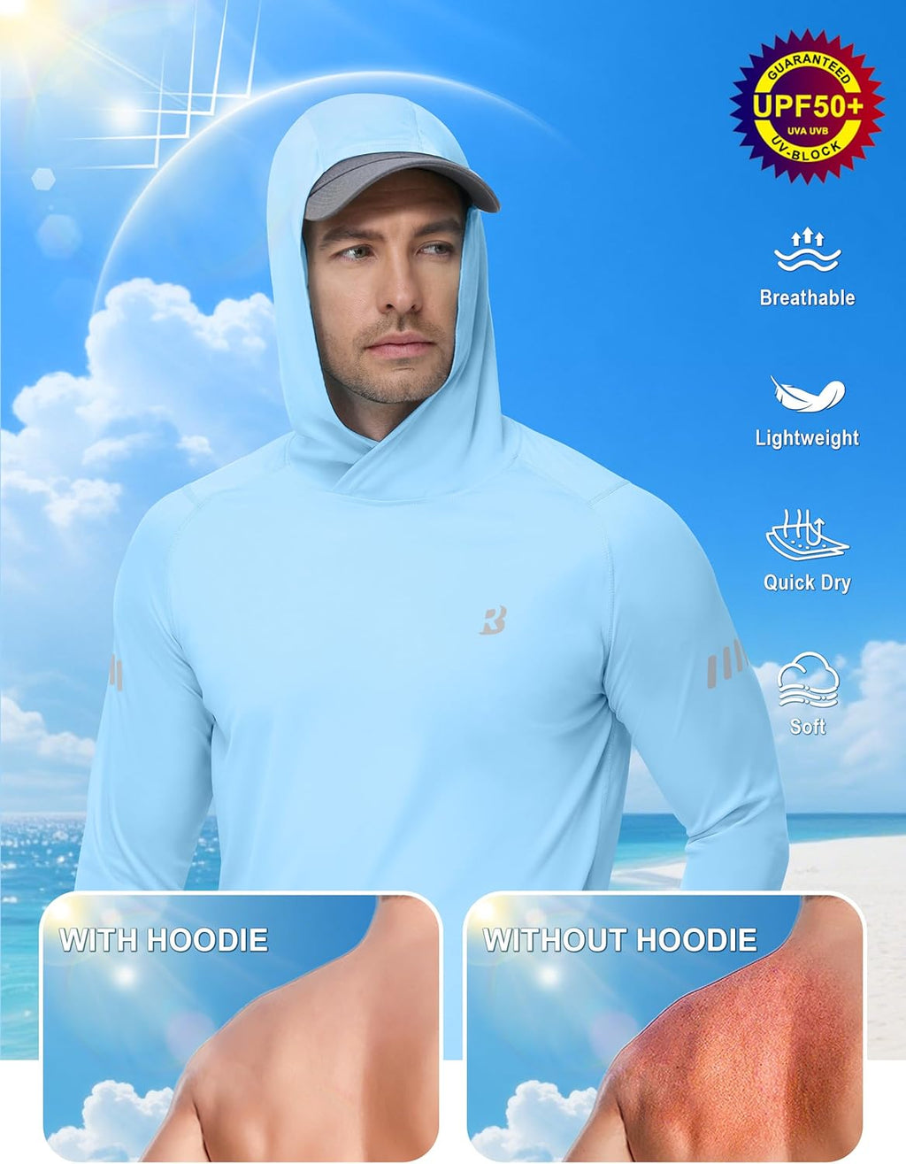 Roadbox UPF 50+ Sun Protection Hoodie - Lightweight UV Long Sleeve Fishing Shirt for Outdoor Activities