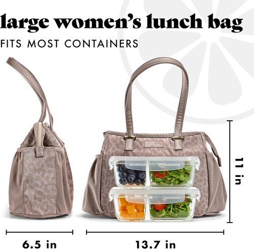Fit & Fresh Copley Insulated Lunch Bag for Women - Lightweight, Stain-Resistant, Large Mocha Feline Fine