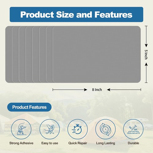 KING MOUNTAIN Self-Adhesive Nylon Fabric Repair Patch - 8 Pcs, Waterproof 5x8 Inch Kit for Jackets, Tents, and Gear (Grey)