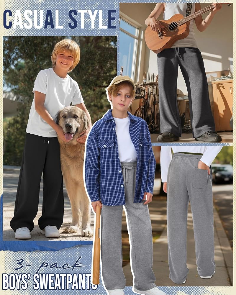 Oakgarden 3-Pack Boys' Baggy Sweatpants – Open-Bottom Youth Joggers in Dark Gray, Light Gray, Black