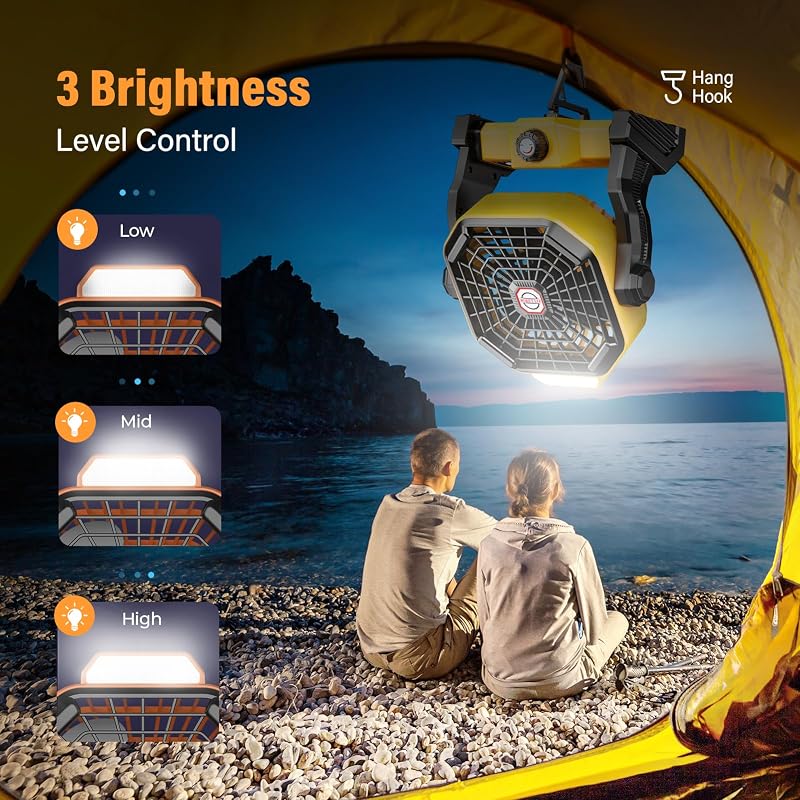 Solar Fan with LED Lantern, 7W Solar Panel, 10400mAh Battery, Quiet Outdoor Tent Camp Lantern Fan – Yellow
