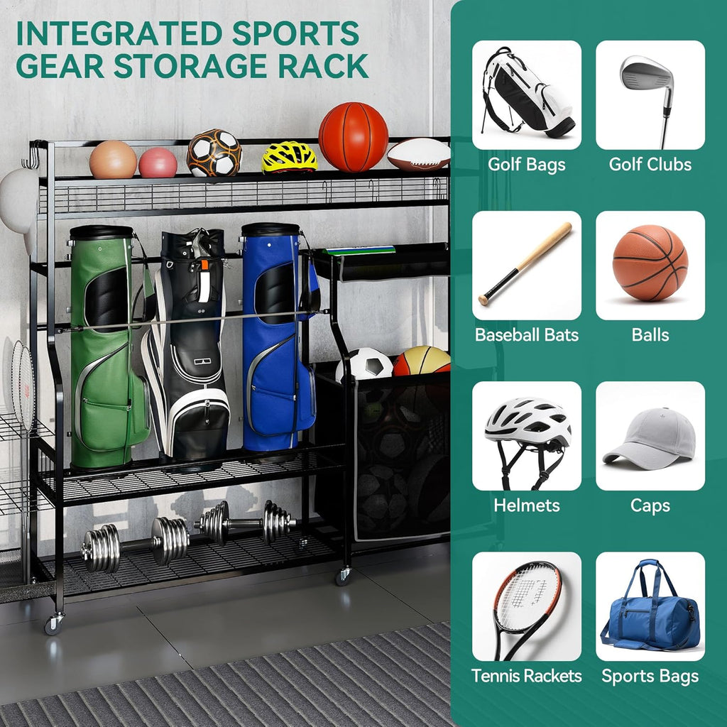 YITAHOME Sports Organizer - Multi-Functional Garage Storage Rack for Golf Gear | Holds 3 Bags & Clubs, Wheels Included