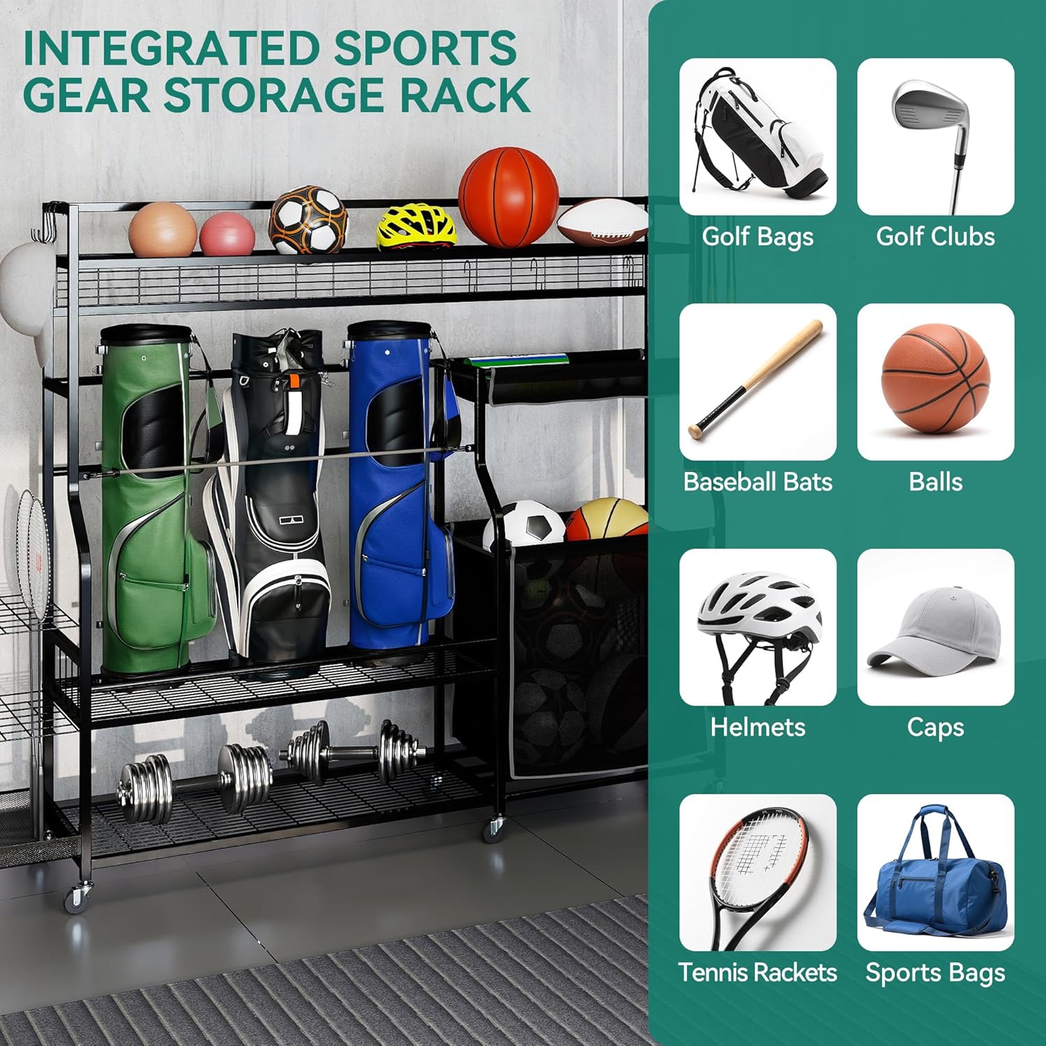 YITAHOME Sports Organizer - Multi-Functional Garage Storage Rack for Golf Gear | Holds 3 Bags & Clubs, Wheels Included