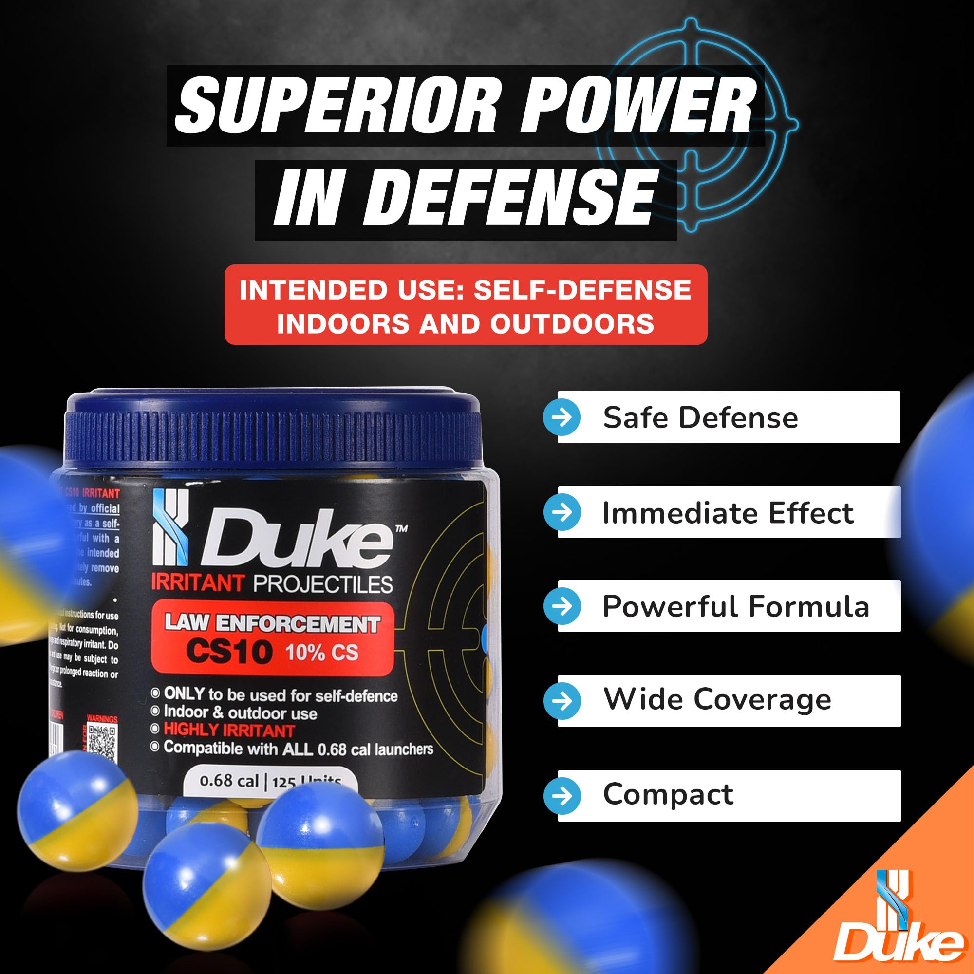 Duke 68 Cal Frangible Irritant Projectiles (10% CS), 125 Count - LE CS10 Irritant Projectiles, Non Lethal Tear Gas Round for Situational Defense Weapons, Professional-Grade, Weight: 3.3g
