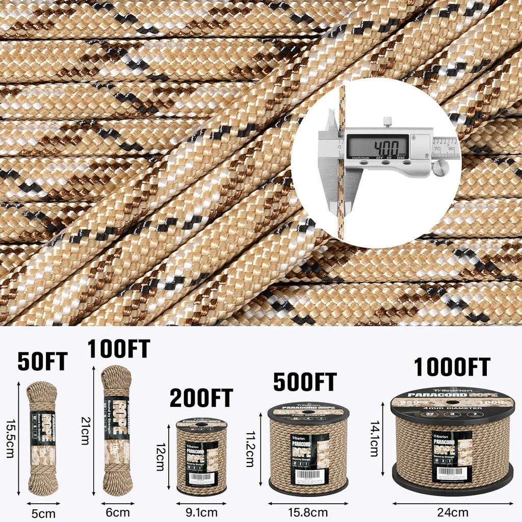 Paracord 550 lb - 50ft Heavy Duty 7-Strand Parachute Cord | Desert Camo Survival & Camping Gear