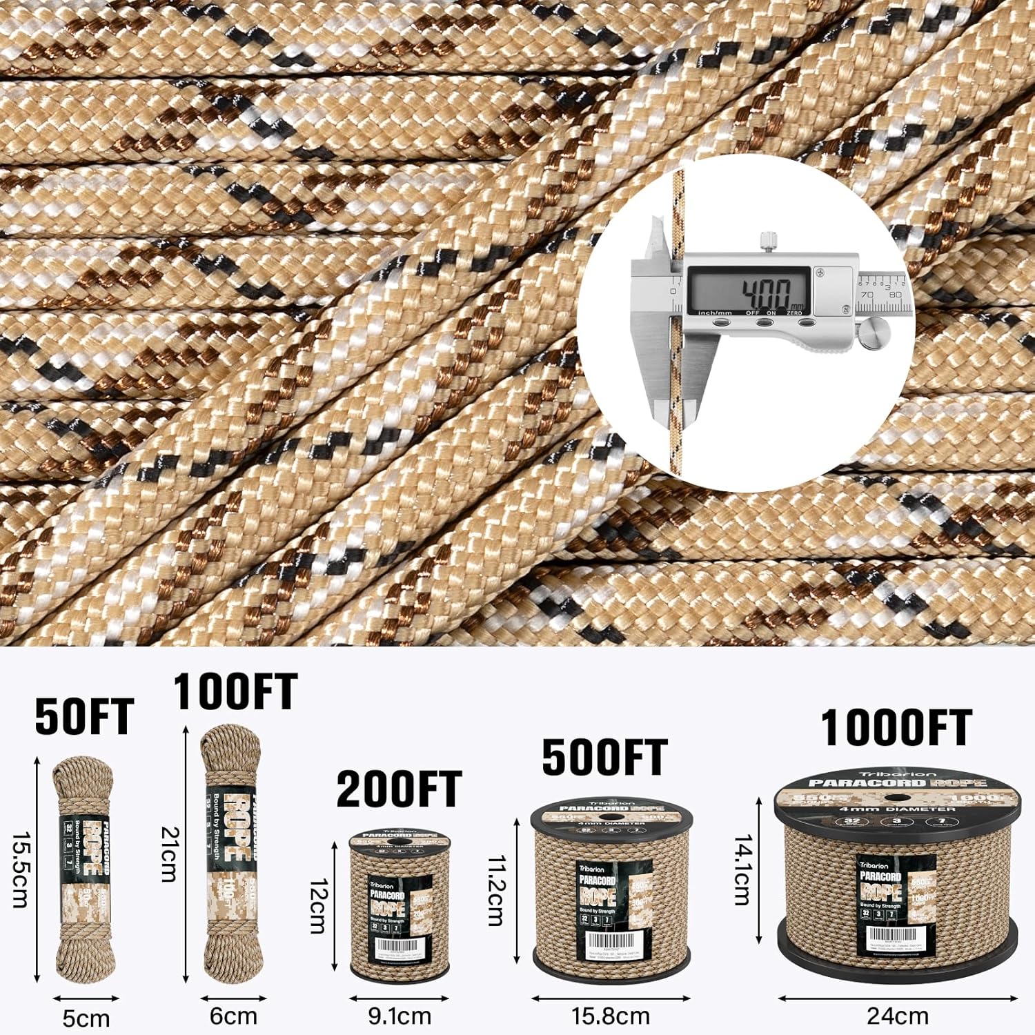 Paracord 550 lb - 50ft Heavy Duty 7-Strand Parachute Cord | Desert Camo Survival & Camping Gear