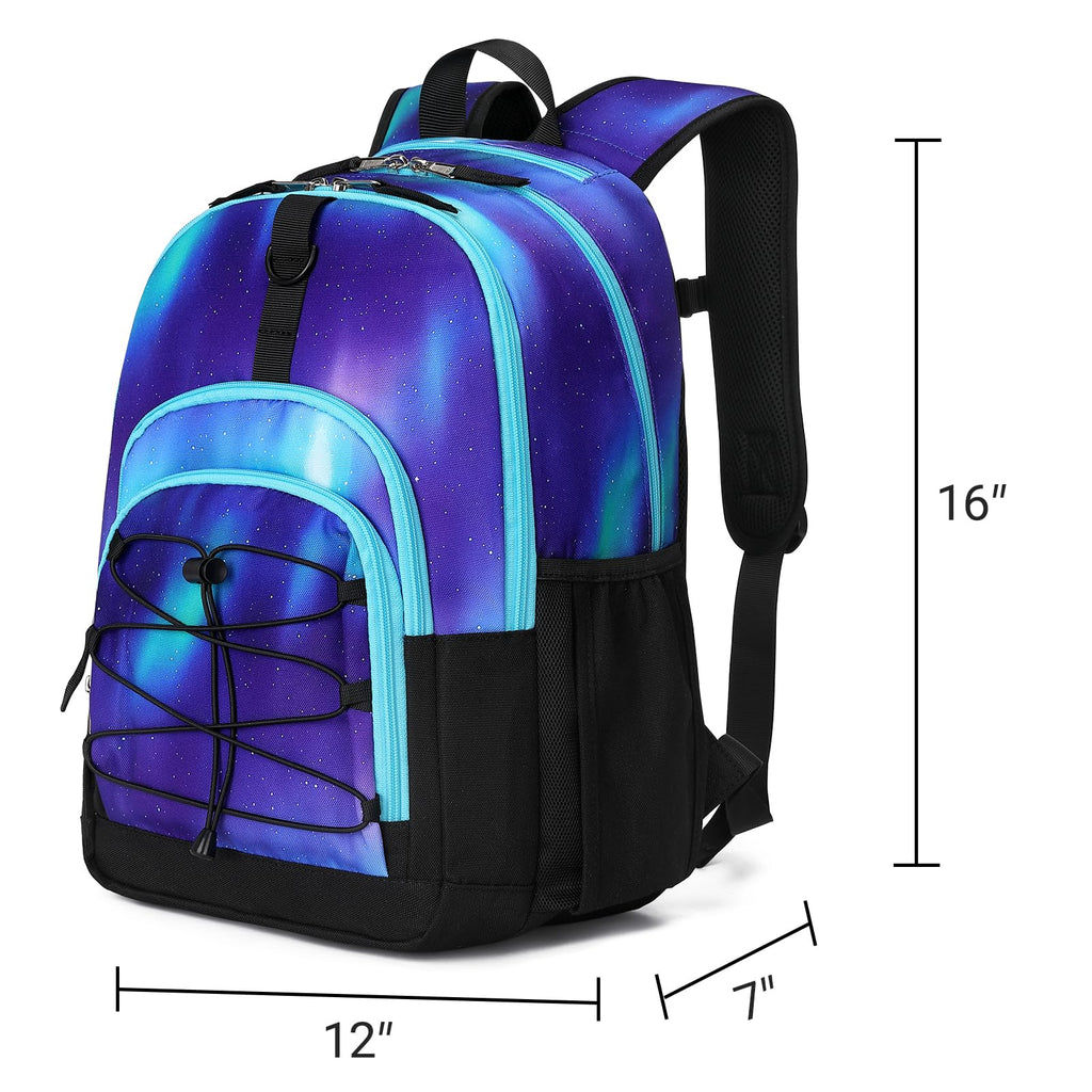 ZORFIN Backpack for School, Travel: Bookbag for Girls Boys - Kids Backpack with Multi Compartments - Night Aurora Blue
