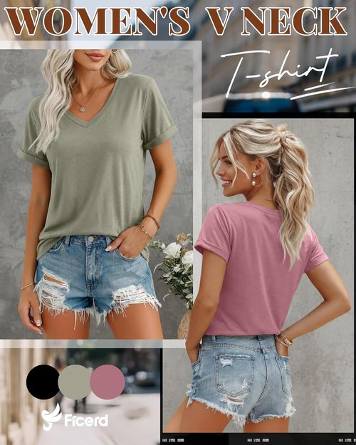 Ficerd Women's V-Neck T-Shirts - Casual Summer Short Sleeve Tops | Loose Fit & Trendy 3-Pack