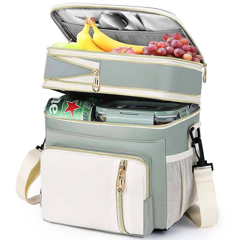 Expandable 16L Insulated Lunch Bag for Women - Double Deck Leakproof Cooler Tote (Olive Green)