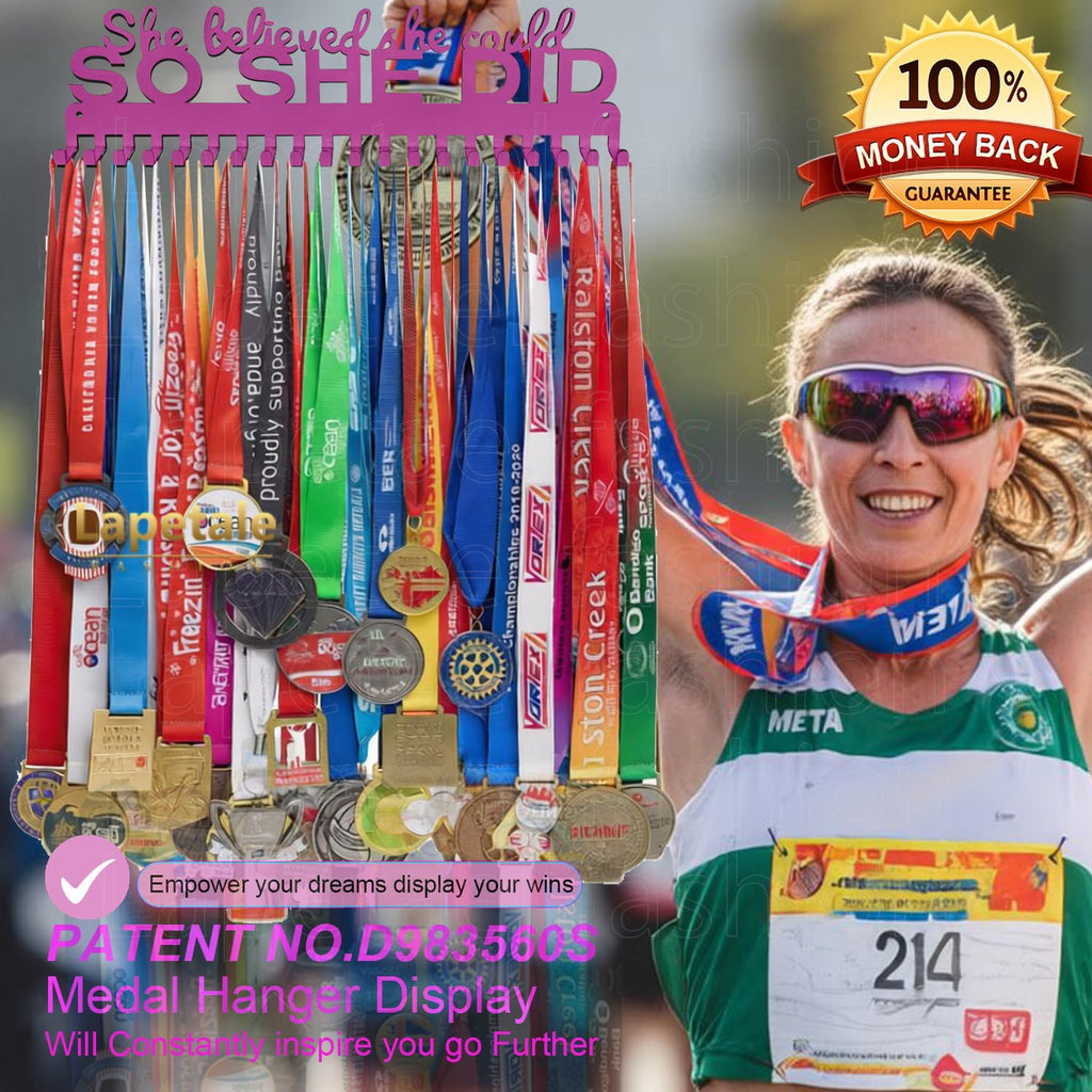 Lapetale Fashion She Believed She Could SO SHE DID Race Medal Hanger Display for 63 Medals-16 Wide with 20 Hooks-Purple Color Easy Use Awesome Gifts