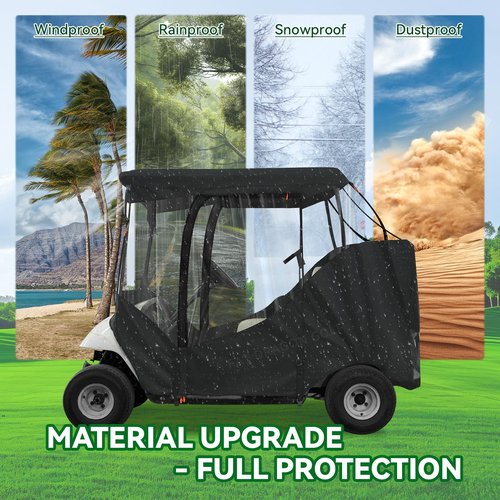 Panglong 2 Passengers EZGO Enclosure-600D, Multifunctional Polyester Rain Cover with Openable Front Windshield, 2 Door Zippers, 4 Side Clear Window and Windproof Hooks, Fit EZGO TXT RXV Cart