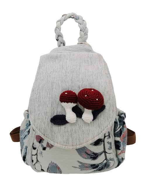 HUANGGUOSHU Women Cotton Woven Bohemian Hemp Boho Canvas Embroidery Multi Pocket Retro Cute Backpack Wallet Backpack（Mushroom）