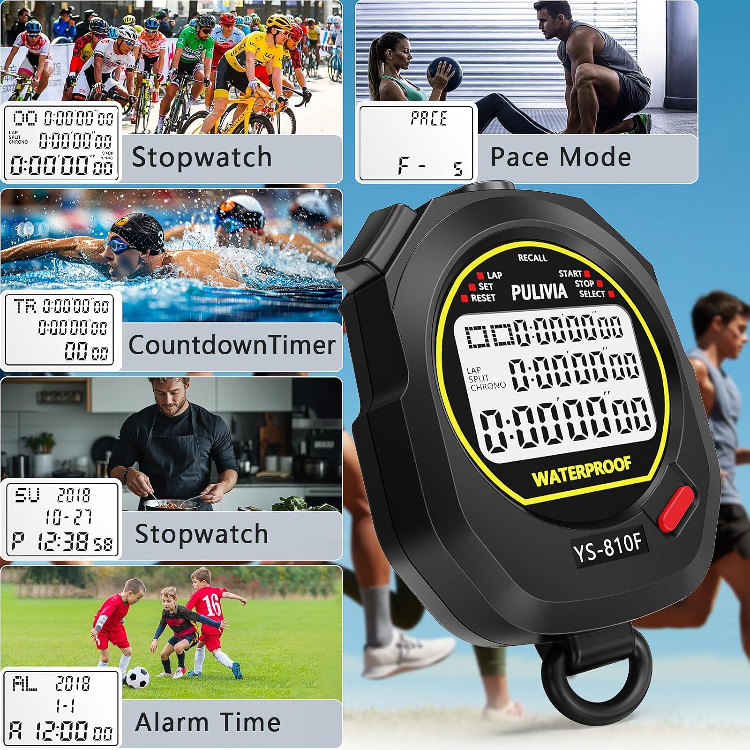 Waterproof Stopwatch - Digital Timer with 10 Lap Split Memory for Sports Activities