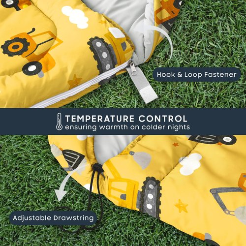 Wake In Cloud - Construction Car Kids Sleeping Bag for Boys Toddlers, Camping in Warm Cold Weather, Backpacking Lightweight Compact Outdoor Liner for 3 Seasons Summer Spring Fall, Yellow