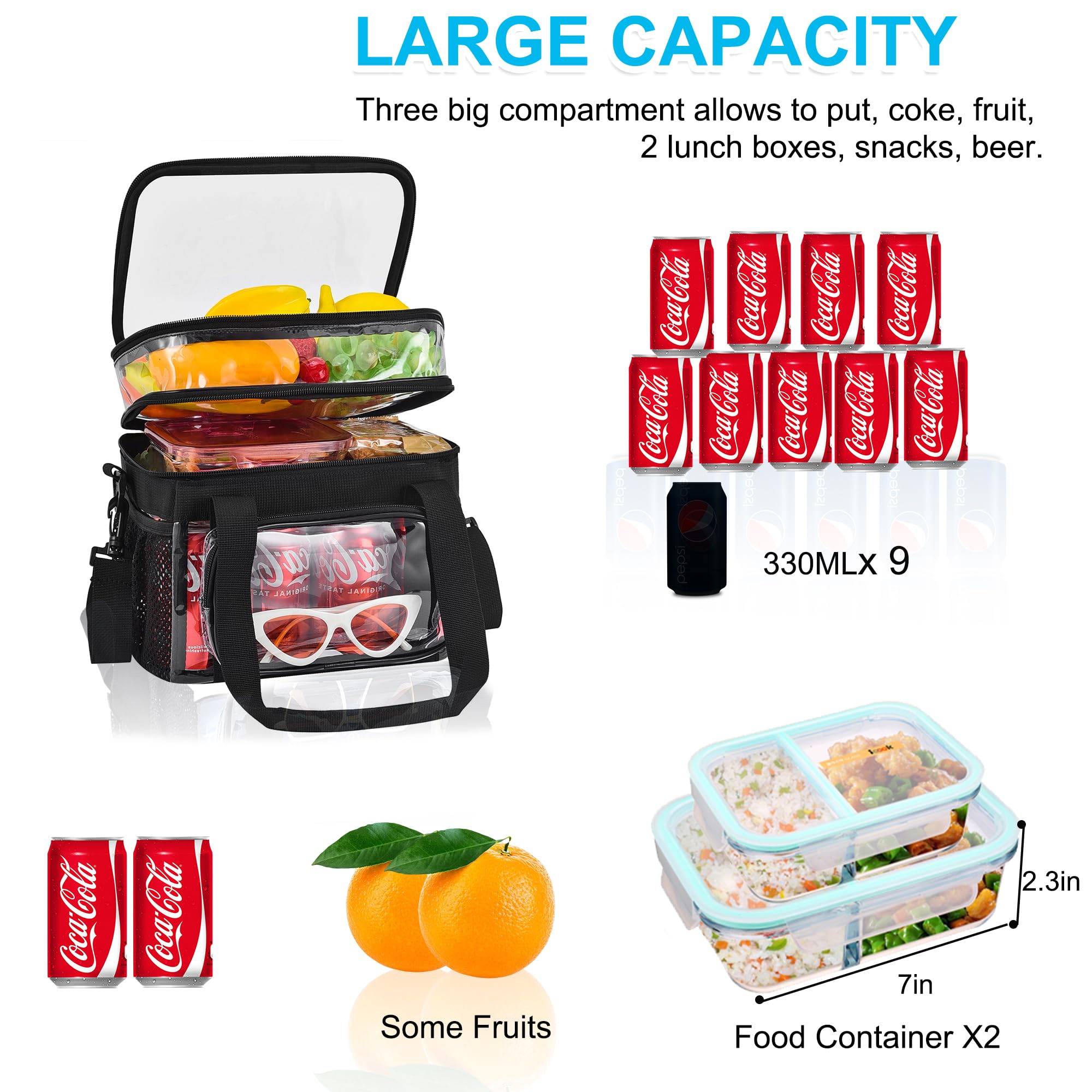 Jeluno Clear Lunch Bag - Large Clear Lunch Bag for Work Double-Deck Reusable Lunch Bag with Adjustable Strap, Front Pocket and Top Compartment for Picnic, Beach, Work, School（2-3 People Use）