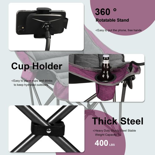 Northroad Oversized XL Padded Camping Chair w/Cell Phone Holder, Large Camp Lounge Chair, Foldable Lawn Chair w/Cup Holder,Carry Bag for Outdoor Hiking, Beach, Picnics, Heavy-Duty 400-lbs Capacity