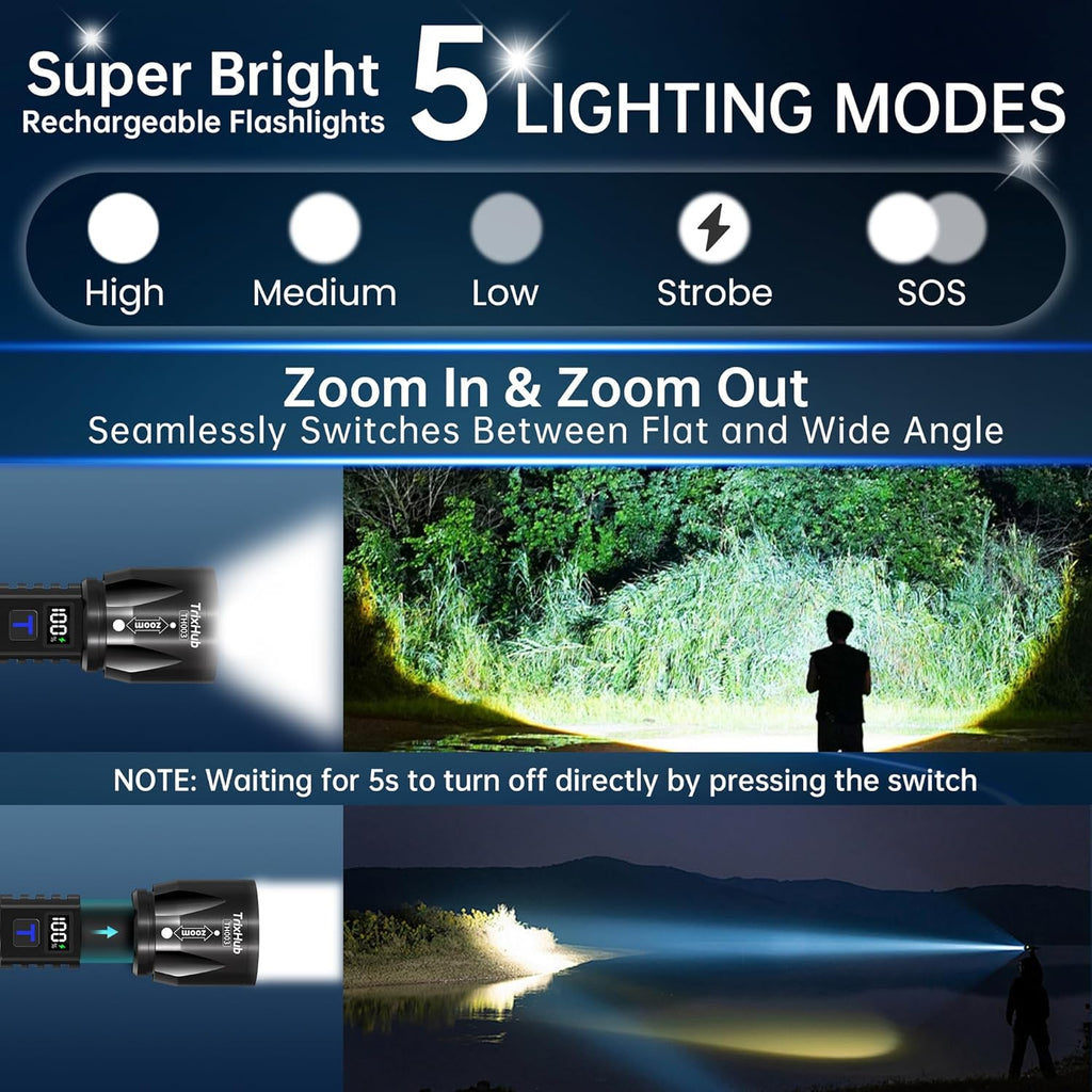 TrixHub Rechargeable Flashlights - 99,000 High Lumens | 5-Mode Tactical LED Light with LCD Display, 2-Pack