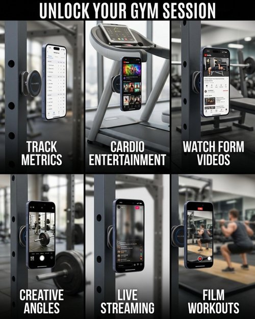 All-Aluminum Magnetic Gym Phone Holder for MagSafe and Android | Industrial N54 Magnets | Rock-Solid Mount for Squat Racks & Metal Gym Equipment | 360° Adjustable | Includes Metal Ring