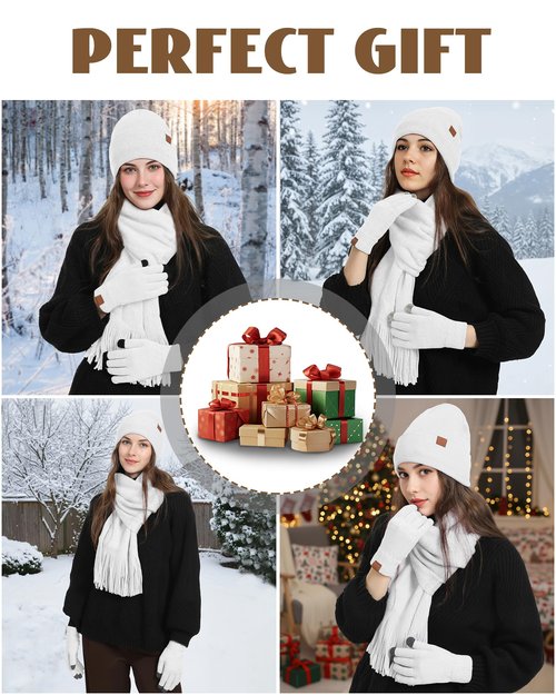 Women's Winter Knit Beanie Hat Touchscreen Gloves Long Neck Scarf Set Warm Soft Knit Beanie Cap for Cold Weather (White)