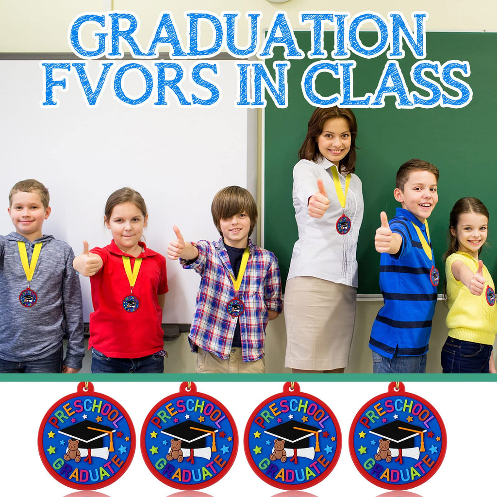 Sratte 48 Pcs Kindergarten Prek Preschool Graduation Medals for Kids, Bulk Kinder Pre-k Graduation Gifts with Yellow Ribbon, End of Year Student Gifts Party Favors Supplies, 2 Inch (Graduate Cap)