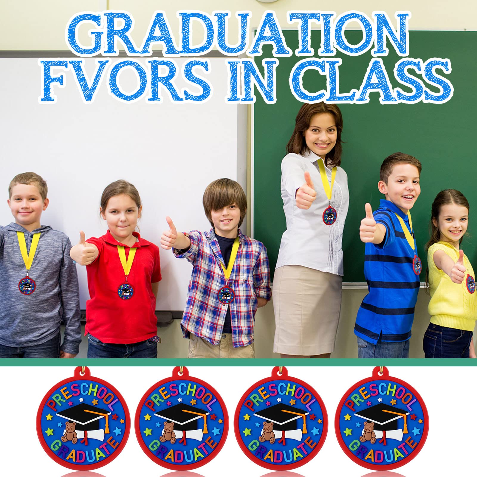 Sratte 48 Pcs Kindergarten Prek Preschool Graduation Medals for Kids, Bulk Kinder Pre-k Graduation Gifts with Yellow Ribbon, End of Year Student Gifts Party Favors Supplies, 2 Inch (Graduate Cap)