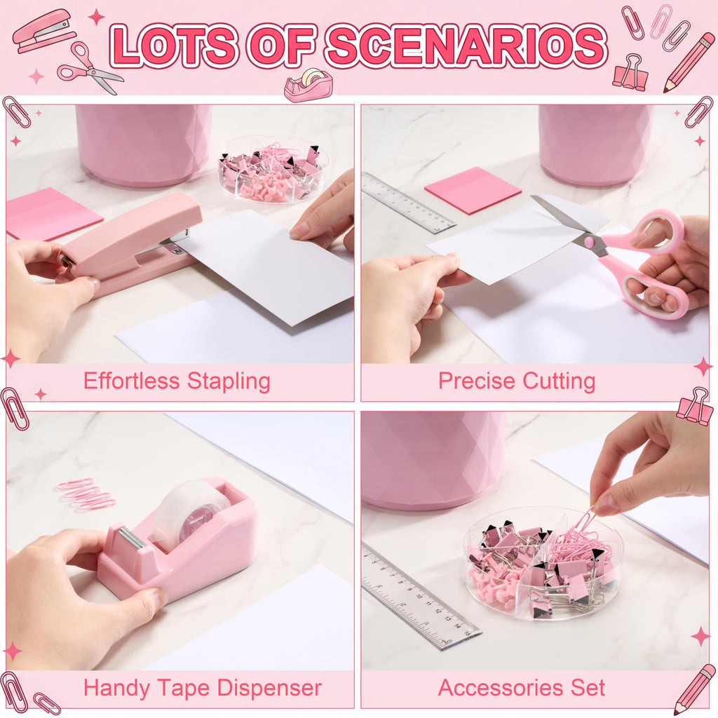 Eersida 20 Pcs Pink Desk Accessories and Organizer with 360° Rotating Pen Holder, Stapler, Staple Remover, Tape Dispenser, Binder Paper Clips Kit, Scissor, Highlighters, Pens, Office School Supplies